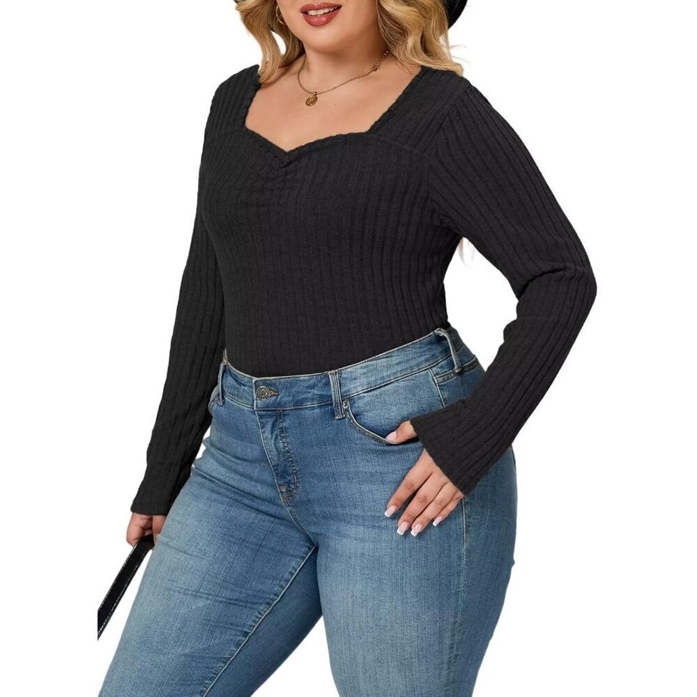 Plus Size Women Top Long Sleeve Knit Shirt Sweetheart Neck T-Shirt